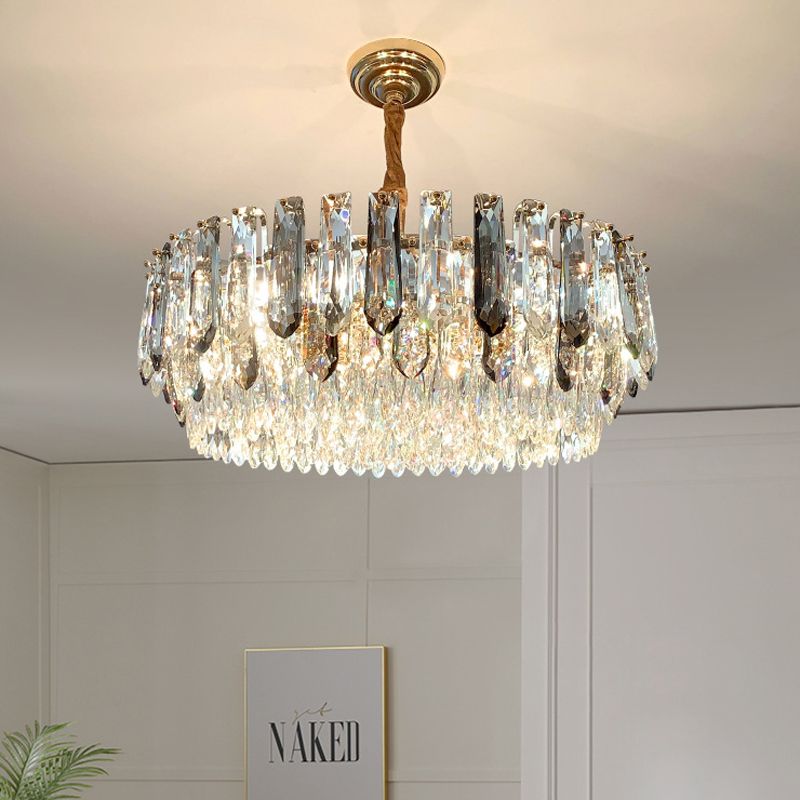 9 Heads Grey Crystal Block Chandelier Modern Gold Round Living Room Ceiling Hang Fixture