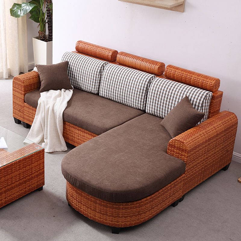 3-Seater Tropical Rattan Sofa with Chaise Brown Scroll Arm Loose Back Sofa