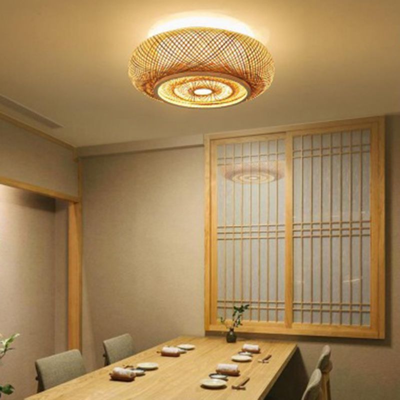 Modern Flush Mount Ceiling Light Beige Drum Close to Ceiling Fixture with Bamboo Shade