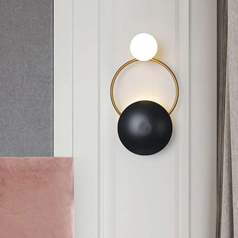 Postmodern Orbital Flush Mount Iron 2-Light Parlor Wall Sconce Light in Black-Gold with Orb Opal Glass Shade