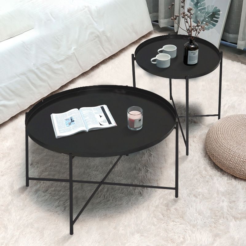 Modern Cross Legs Ironcraft Round Top Coffee Table/Nesting Tables