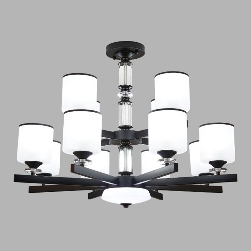 Milky Glass Cup Chandelier Modern Style Black Finish Hanging Light for Living Room