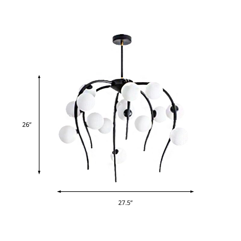 Branch Dining Room Chandelier Iron 15/20-Light Modern Hanging Lamp in Black/Gold with Matte White Balls