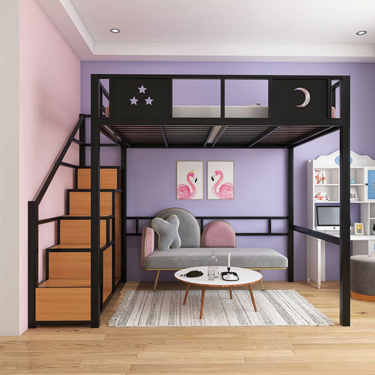 White/Black Loft Bed with Guardrail Metal Kids Bed with Staircase