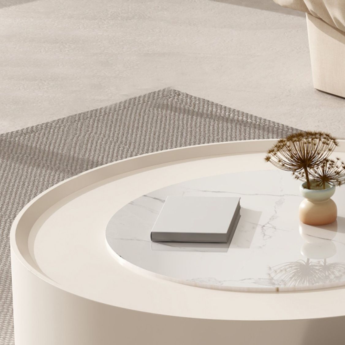 Modern 2 Nesting Coffee Table Set Round Slate Cocktail Table with 2 Drawers