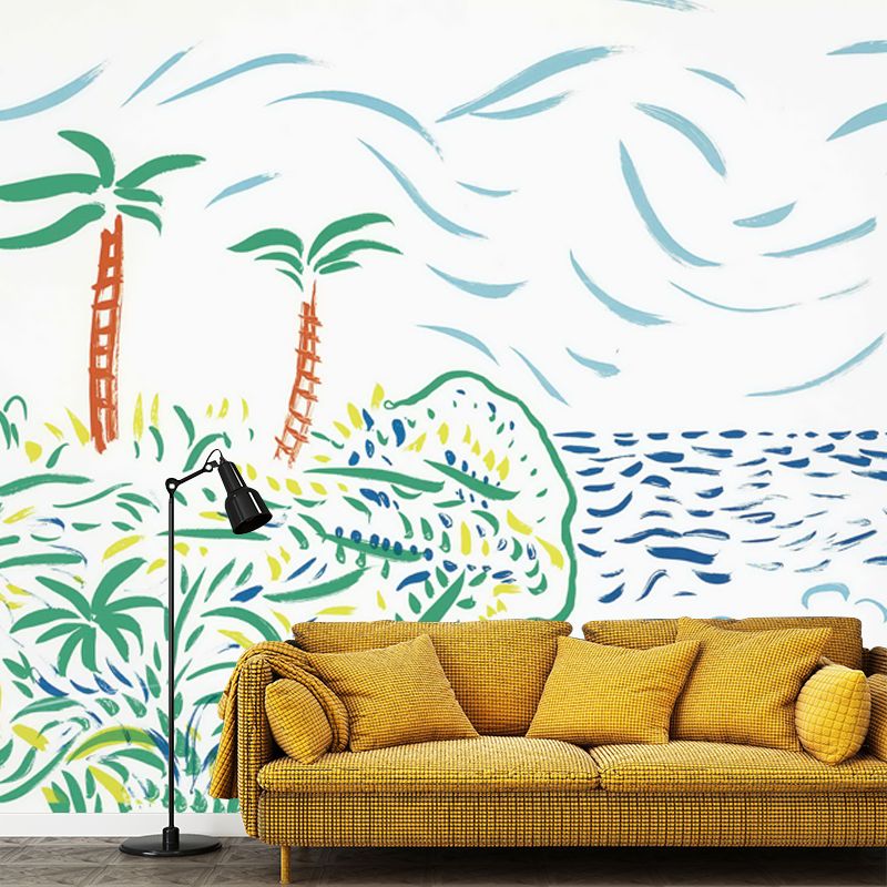 Art Tropical Landscape Wall Mural Decal in Blue Scenery Painting Wall Covering for Home
