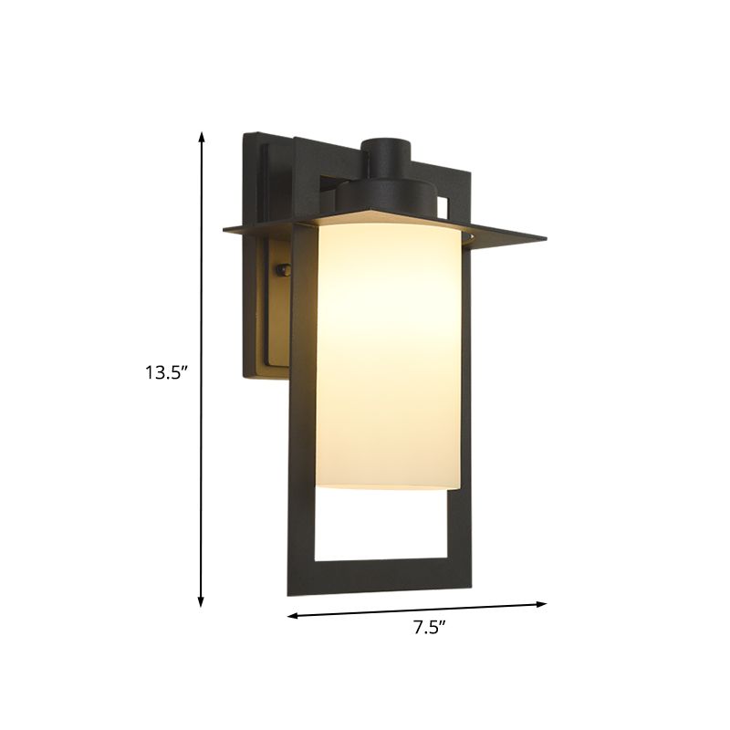 Countryside Cylinder Wall Light Single Bulb White Glass Wall Sconce in Black with Rectangle Frame