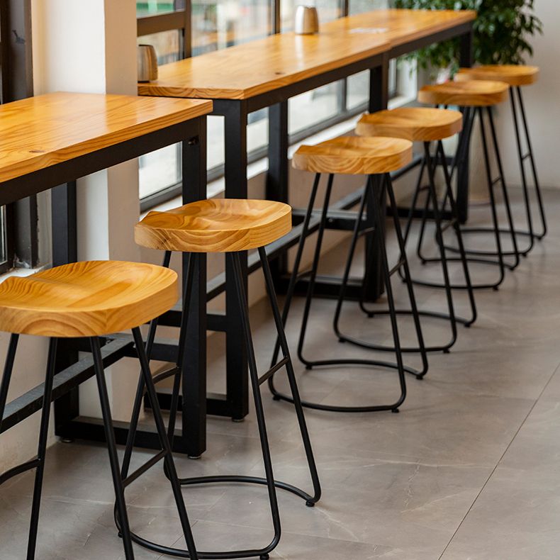 Modern Contoured Seat Pine Solid Wood Bar Stool with Iron Base