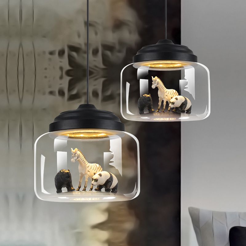 Hangende lamp voor slaapkamer, verstelbare moderne glazen cilinderhangingverlichting met dierendecoratie (willekeurige zendingen van dieren)