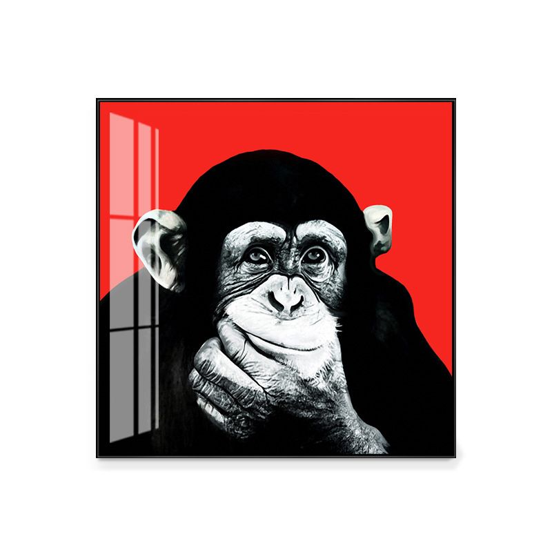 Light Color Chimpanzee Painting Kids Style Textured Wall Art Print for Living Room