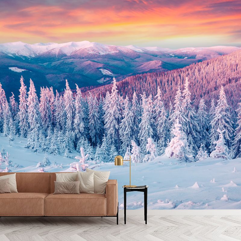 Orange Evening Glow Wall Mural Snowy Cypress Mountains Modern Waterproof Wall Covering