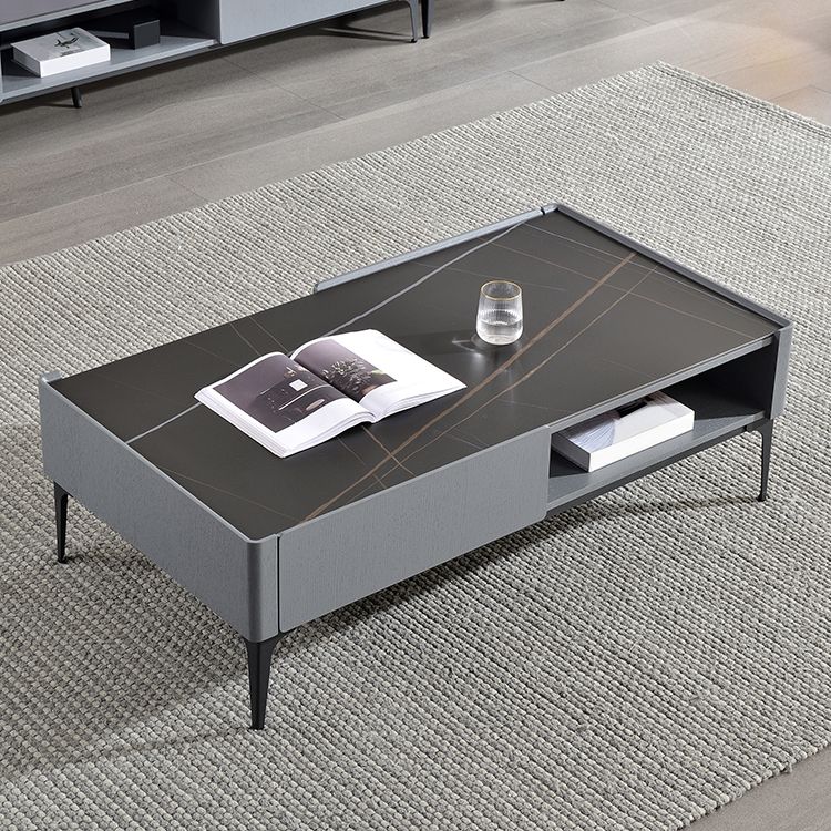 Rectangular Slate Top Coffee Table 4 Legs Cocktail Table with Storage