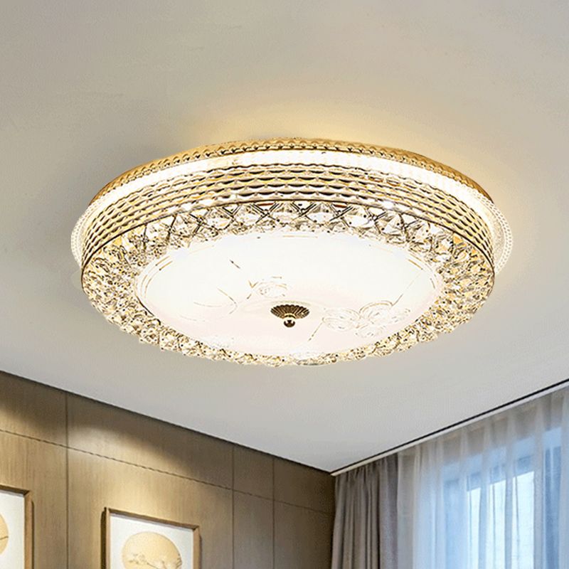 LED Round Flush Mount Modernism Gold Metal Ceiling Light with Crystal Accent and Dome Opal Glass Shade