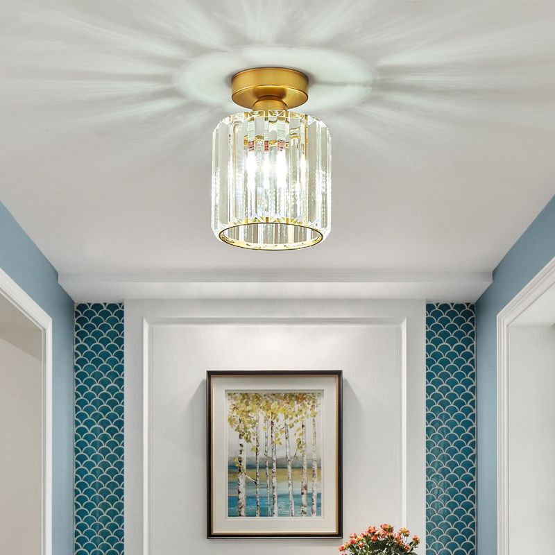Clear Prismatic Crystal Geometric Ceiling Lamp Minimalist 1 Bulb Brass Finish Semi Flush Light for Aisle