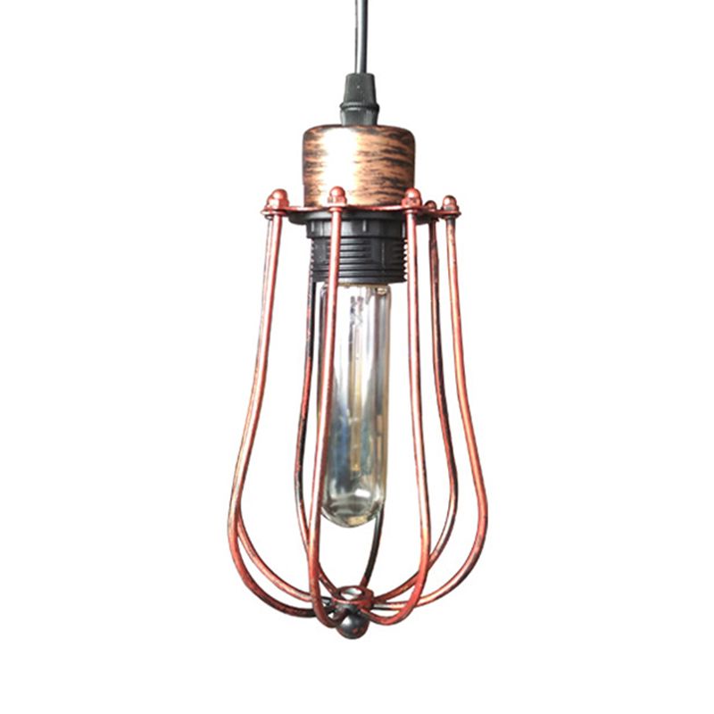 Wrought Iron Caged Hanging Pendant Light Rustic Industrial 1 Head Coffee Shop Suspension Light in Aged Silver/Weathered Copper