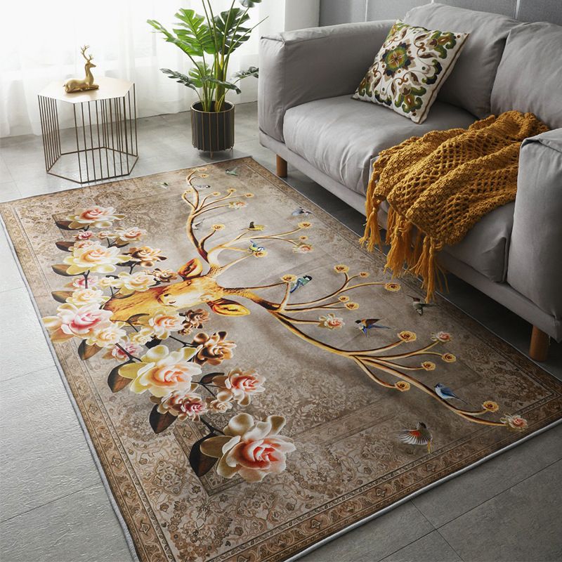 Fancy Living Room Area Carpet Brown Animal Pattern Polyester Area Rug Anti-Slip Washable Rug