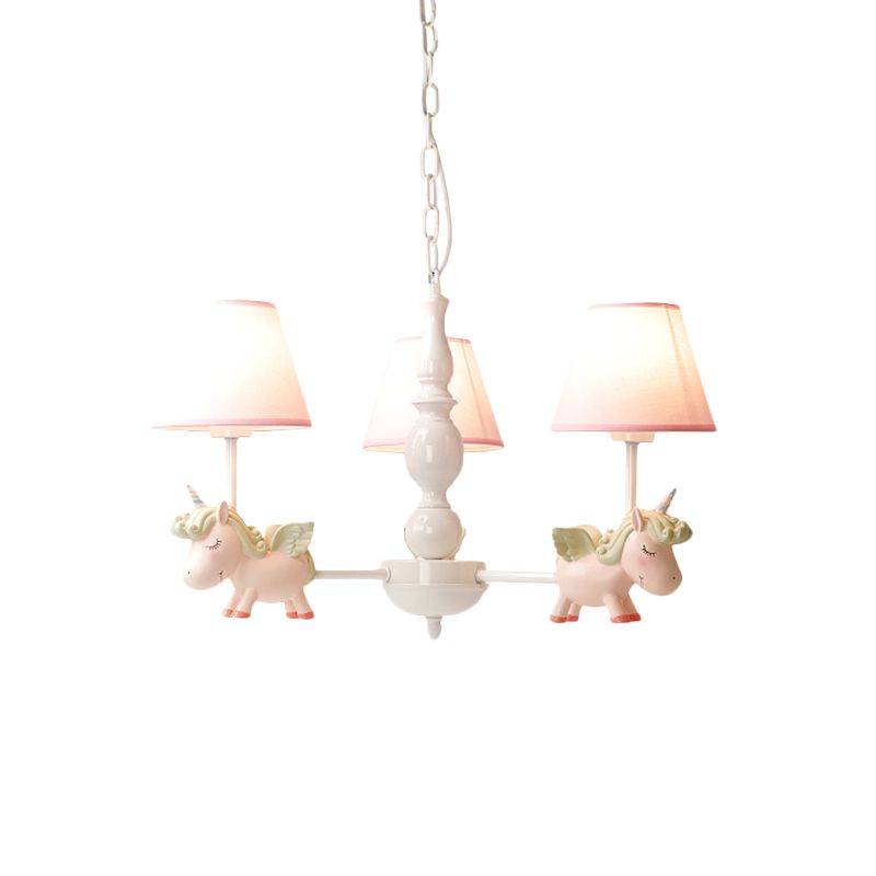 Nursery Room Chandelier, Cartoon Pendant Light Fixture with Pink Bucket Fabric Shade and Unicorn