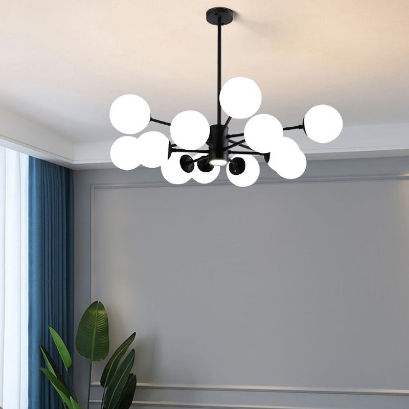 Nordic Globe Chandelier Black Multi Light Hanging Light with White Glass for Bedroom