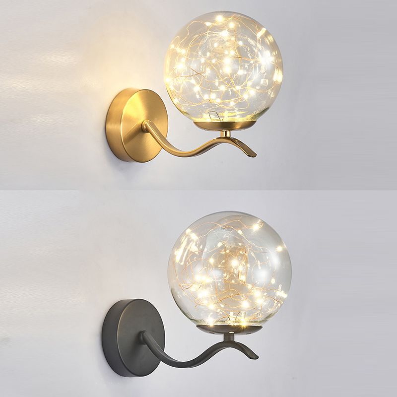 Wavy Metal Arm LED Lights String Wall Lamp Nordic Style Transparent Glass Orb Sconce Lighting for Staircase Aisle