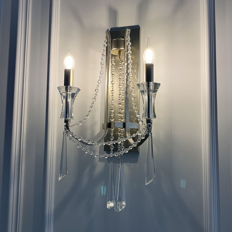 2 Bulbs Wall Mount Light Traditional Draping Crystal Bead Wall Light Fixture with Curved Arm