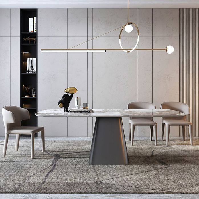 Mesa de comedor rectangular de lujo tradicional de metal, mesa superior de piedra sinterizada con base de pedestal