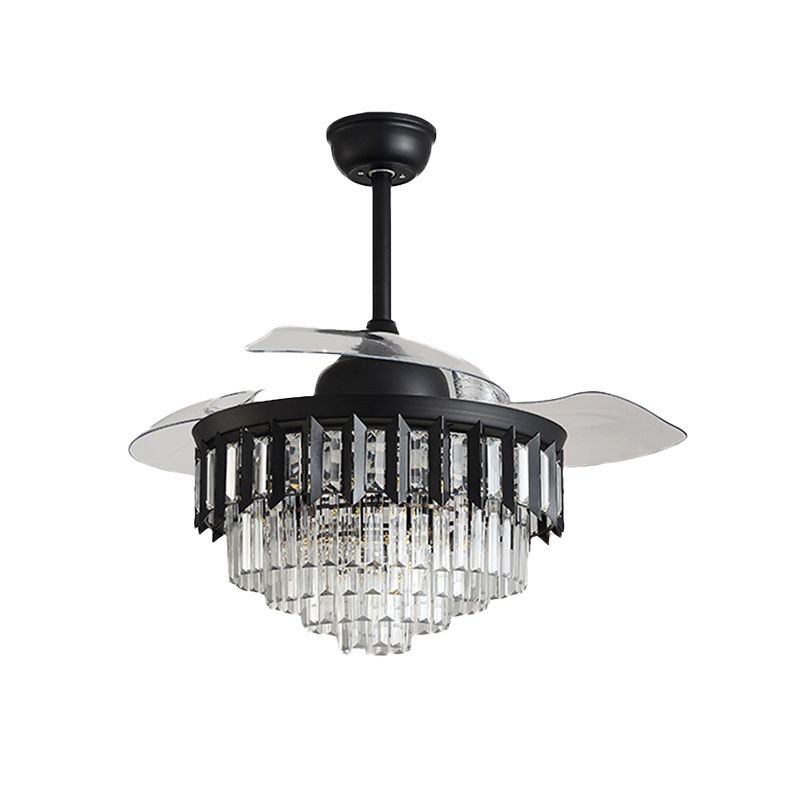 Gelaagde kristal zwart/gouden plafondventilator taps toelopende trommel 3-blade postmoderne LED semi-flush light, 42,5 "breedte