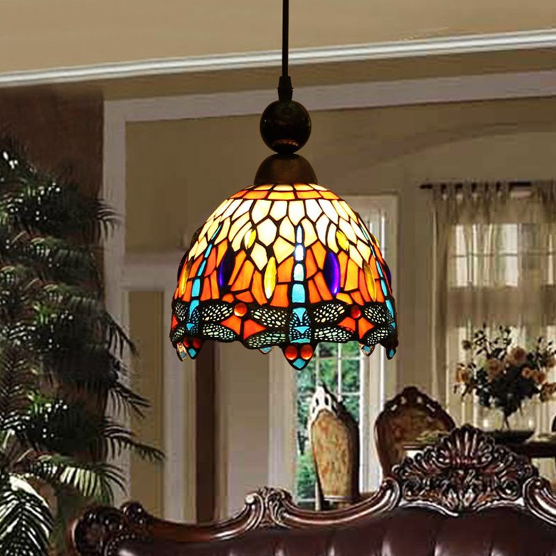 1 Light Pendant Light Mediterranean Dragonfly Cut Glass Hanging Lamp Kit in Black/Red/Yellow for Corridor