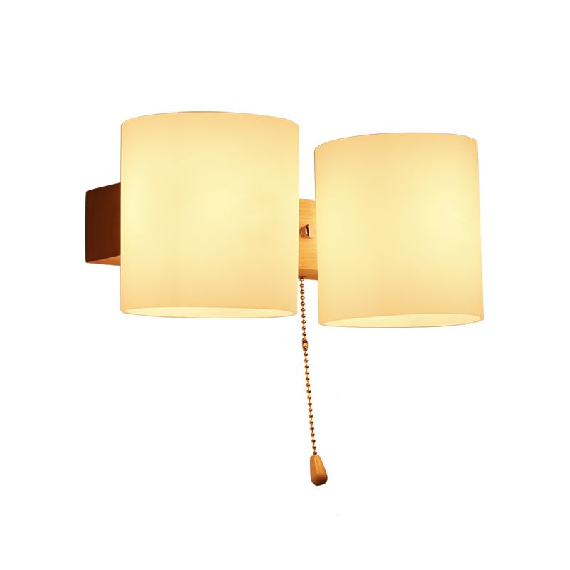 2 Bulbs Bedroom Sconce Light Asian Wood Wall Mounted Lamp with Cylindrical White Glass Shade