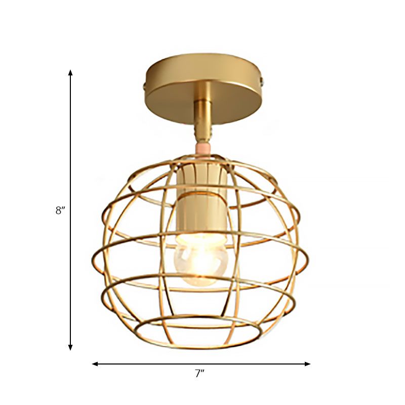Global/Triangle Metallic Semi Flush Mount Light with Wire Frame Industrial 1 Head Bedroom Ceiling Lamp in Brass