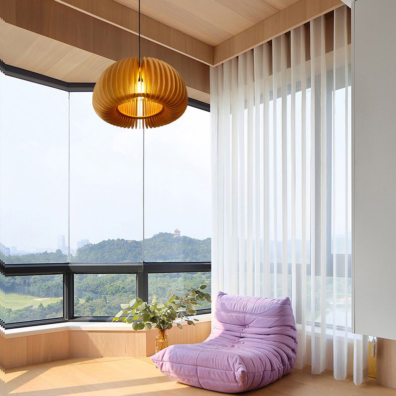Wood Pumpkin Hanging Pendant Light Japanese Style Beige Pendant Lighting Fixture