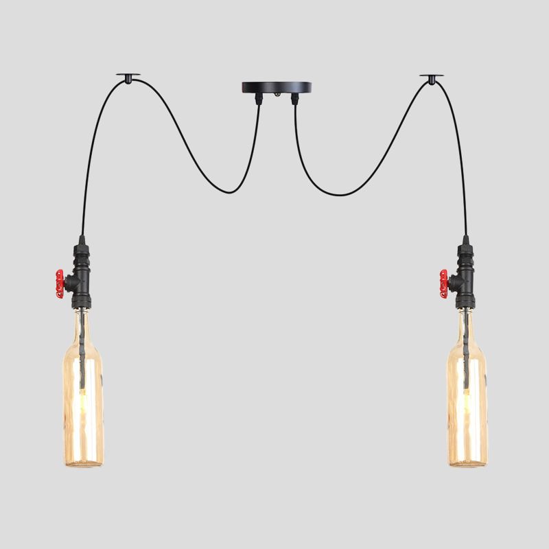 Industrial Bottle Multi Pendant Light 2/3-Head Amber Glass Swag Suspension Lamp in Black