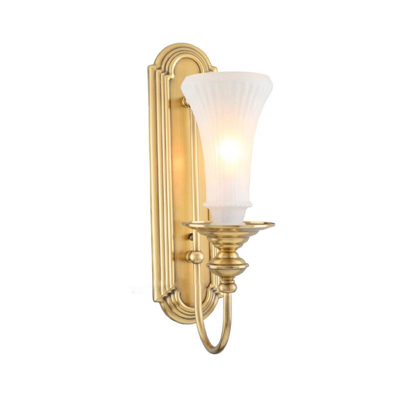 1/2-Bulb Bell Wall Sconce Lamp Colonial Gold Frosted White Glass Wall Light with Metal Gooseneck Arm