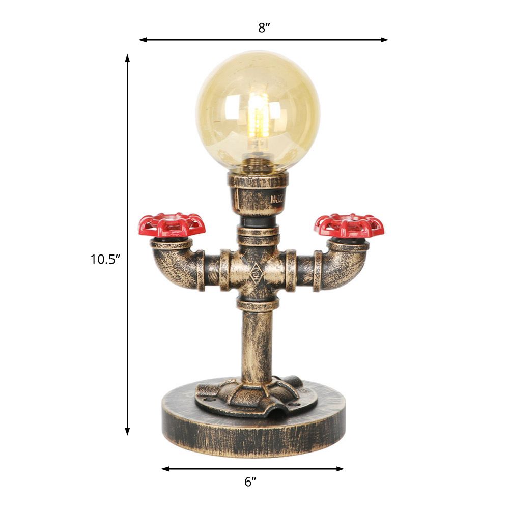 Lampada da lettura a luce singola in argento antico/bronzo. Illuminazione industriale con paralume globo in vetro trasparente/ambrato
