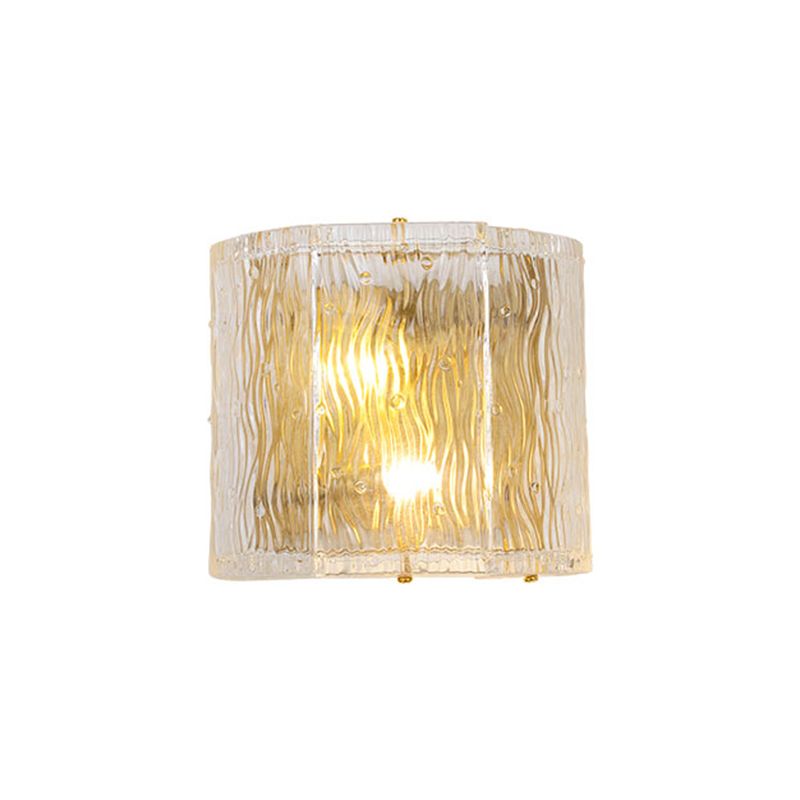 Half-Cylinder Wall Sconce Fixture Modernism Clear Ripple Glass 2 Lights Hallway Wall Lighting in Gold Finish