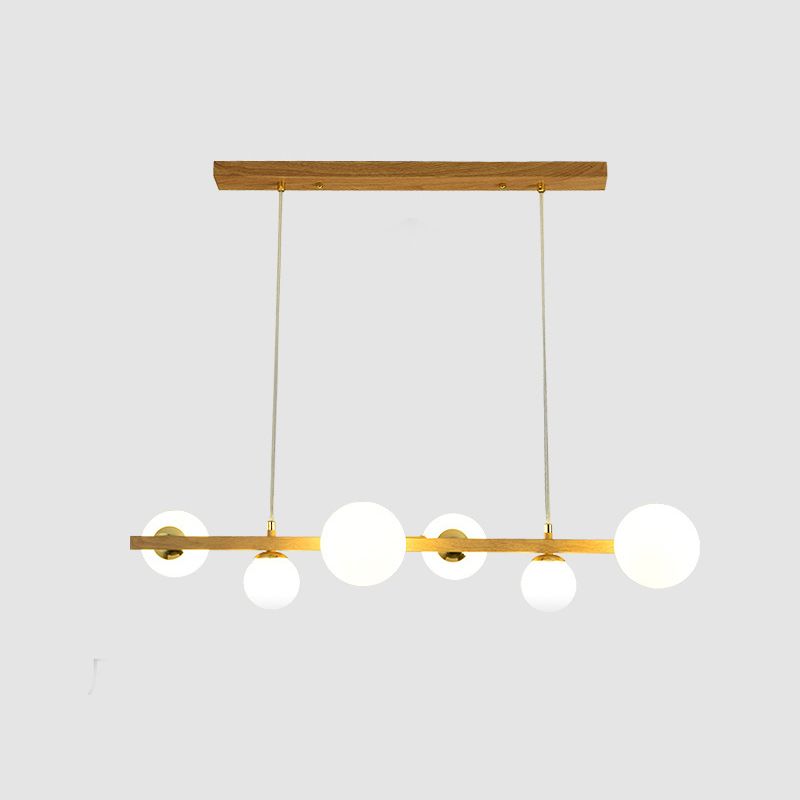 Natural Wood Finish Chandelier 6-Light Glass Shaded Ceiling Light with Adjustable Height