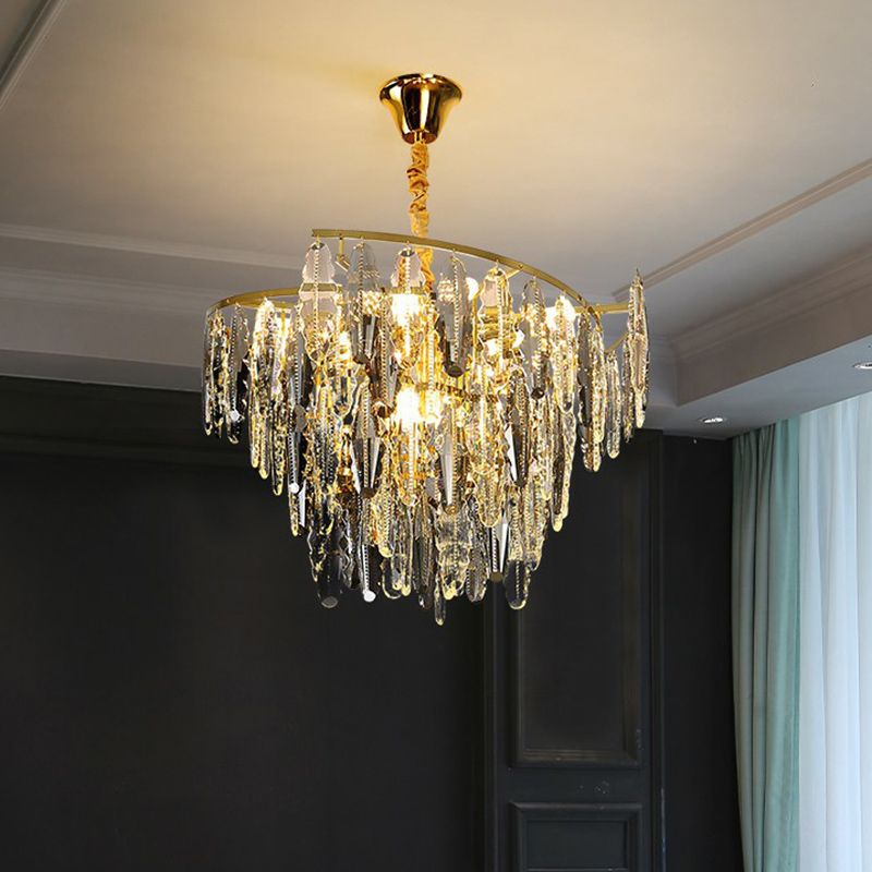 Postmodern Leaf Shaped Chandelier Smoke Grey Crystal 10-Light Living Room Suspension Light