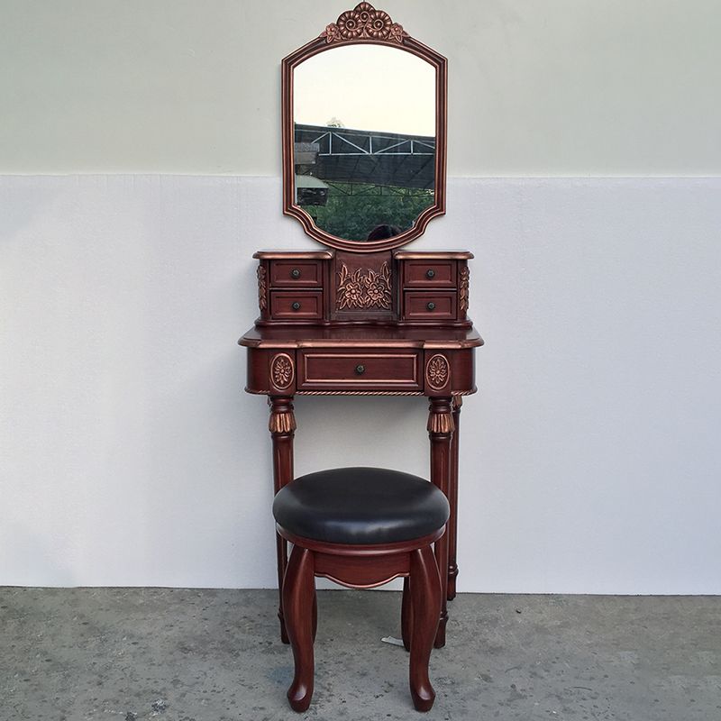 Oak Vanity Set with Stool 64.17" High Vanity with Drawer and Mirror