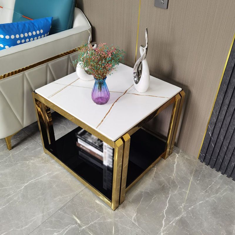 Glam Stone Top End Table Steel Frame Sofa Side Table  with Shelf