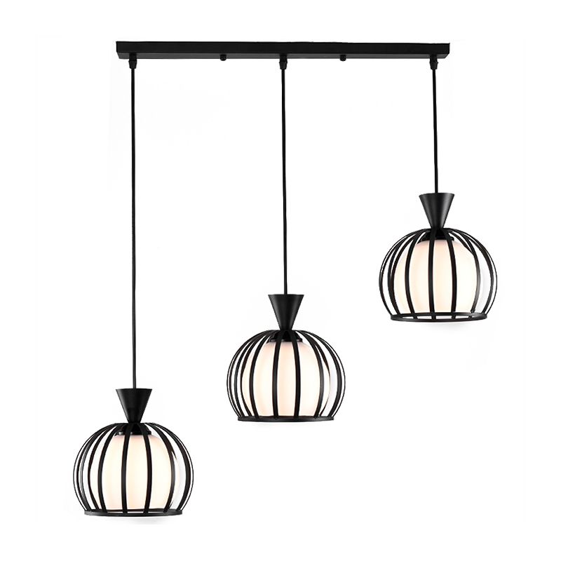 Metal Dome Cage Ceiling Pendant with Milk Glass Shade Retro Style 3 Bulb Indoor Hanging Light in Black/White