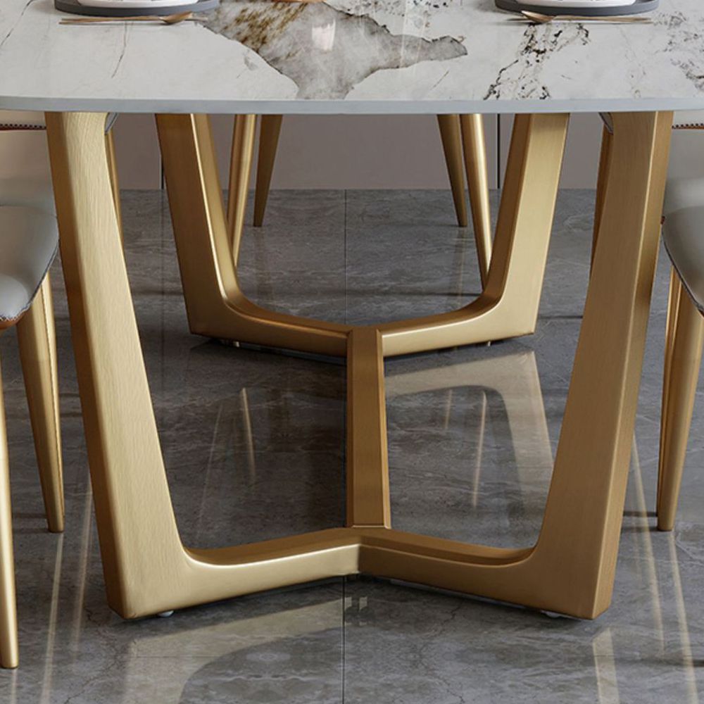 Mesa de comedor de piedra sinterizada de lujo tradicional mesa rectángulo con base de caballete dorado