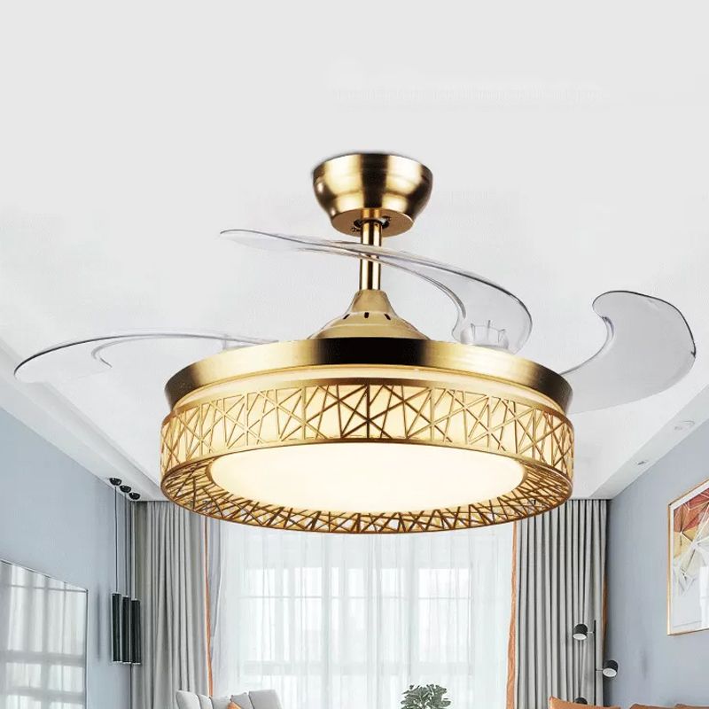 Gouden nestvormige 4 messen semi-flush mount eenvoudige led metallic plafondventilator licht, 19 "breed