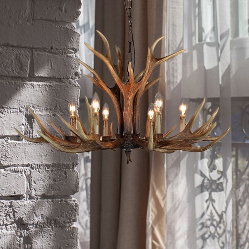 Wood Candle Pendant Chandelier Rural Resin 6/8/12 Heads Living Room Hanging Ceiling Light