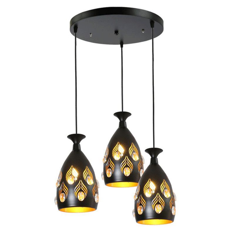 Cup Shaped Metal Cluster Pendant Light Artistic 3 Heads Black Hollowed-out Ceiling Lamp with Inserted Crystals