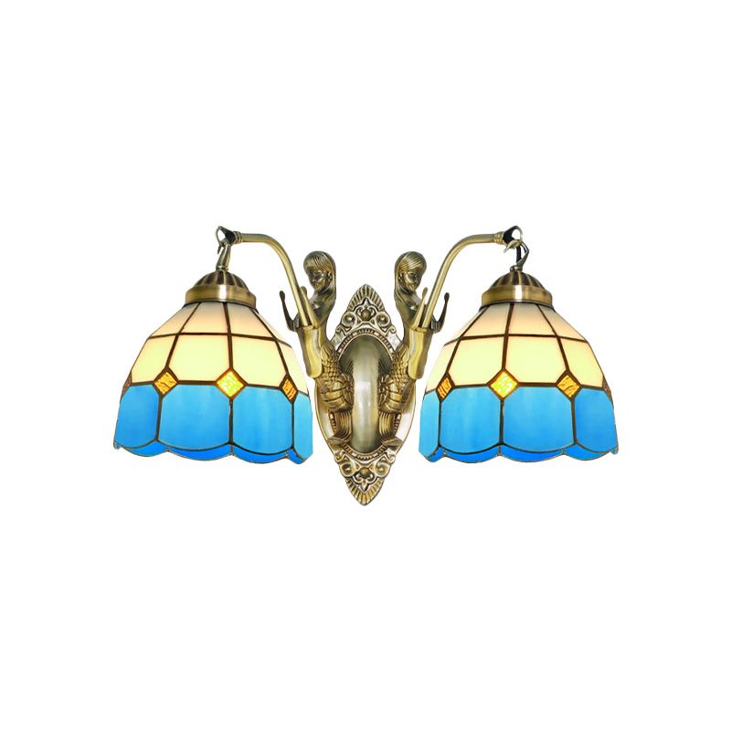 2-Head Domed Wall Mount Lighting Tiffany Dark Blue and White/Orange and White Stained Glass Mermaid Wall Sconce with Grid Pattern