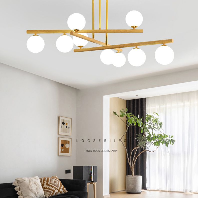 White Glass Bubble Chandelier Modern Gold and Wood Grain Hanging Light for Living Room