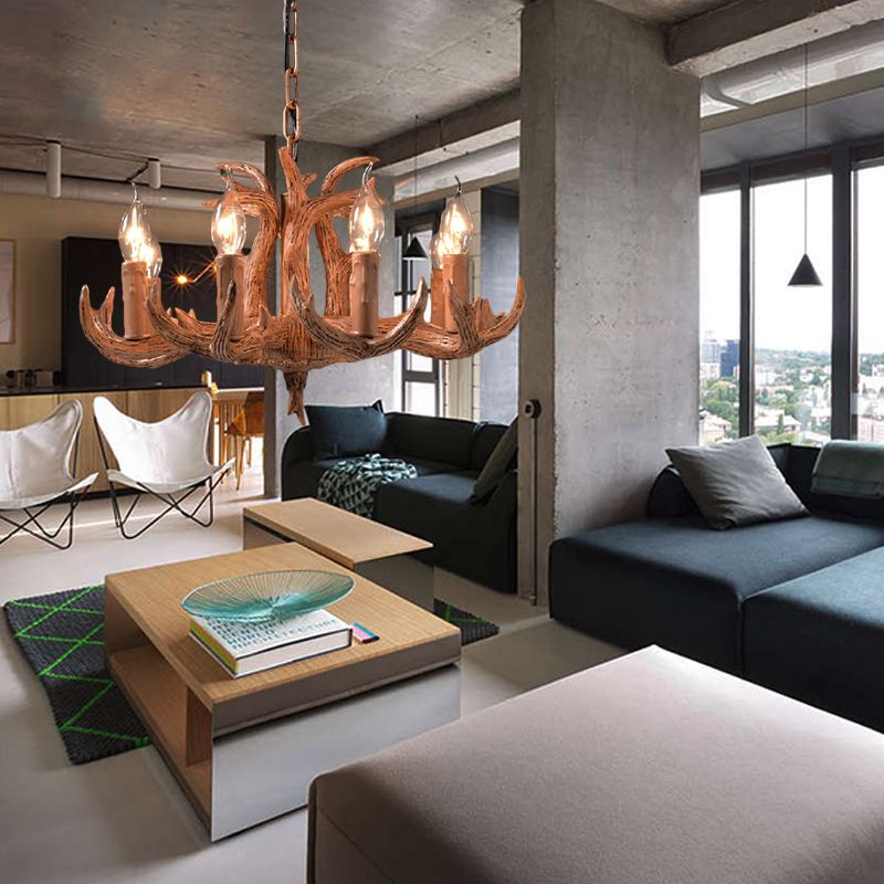 Lodge Stylish Antlers Kronleuchter Beleuchtung 8 Lichter Harzheizenleuchte mit offener Glühbirne in Holz