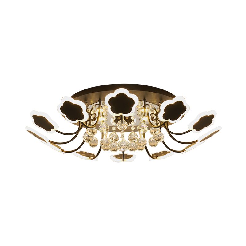 Petal-Shape Semi Mount Light Modern Acrylic 23"/27" W LED Black/White Ceiling Lamp with Clear Crystal Draping, Warm/White Light