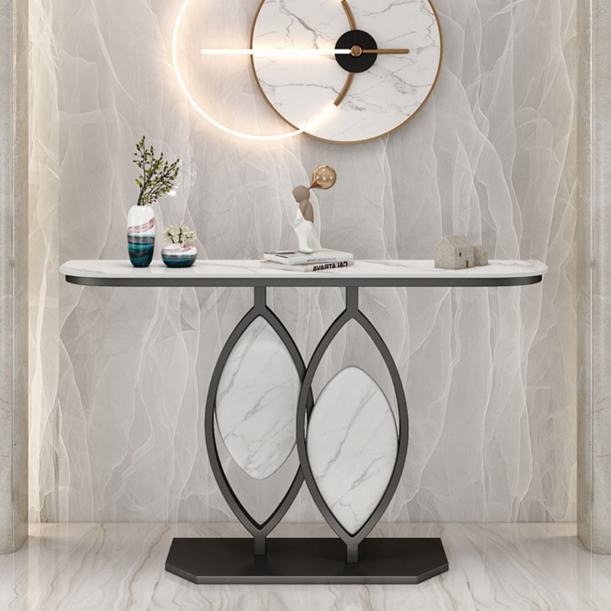 Glam Stone Console Table Scratch Resistant End Table for Hall