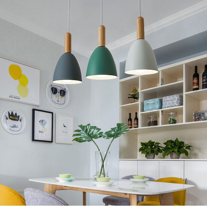 Metal Dome Shade Hanging Light Living Room 3 Light Macaroon Solid Wood Lighting Fixture Pendant