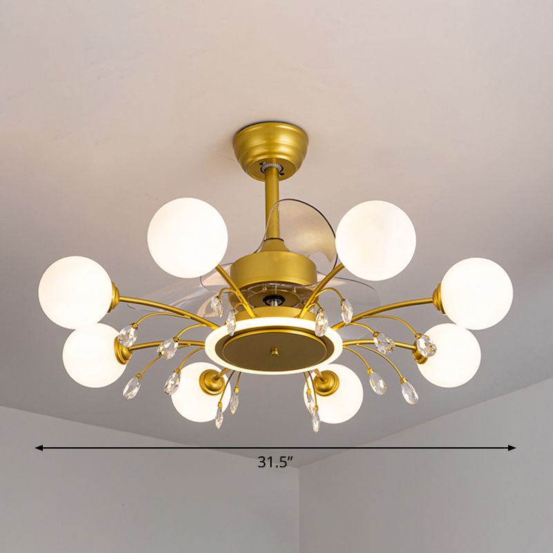 3 Blades Ball Wohnzimmer Anhänger Lüfter Leicht weißes Glas Postmoderne Fernbedienung Halbblütiglicht mit K9 -Kristallen